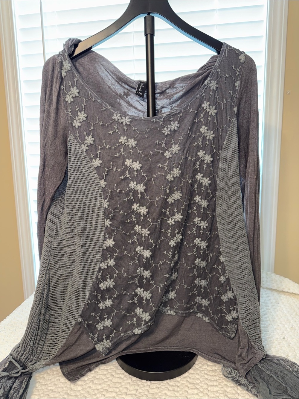Sacred Threads Gray Floral Lace Panel Long Sleeve Top